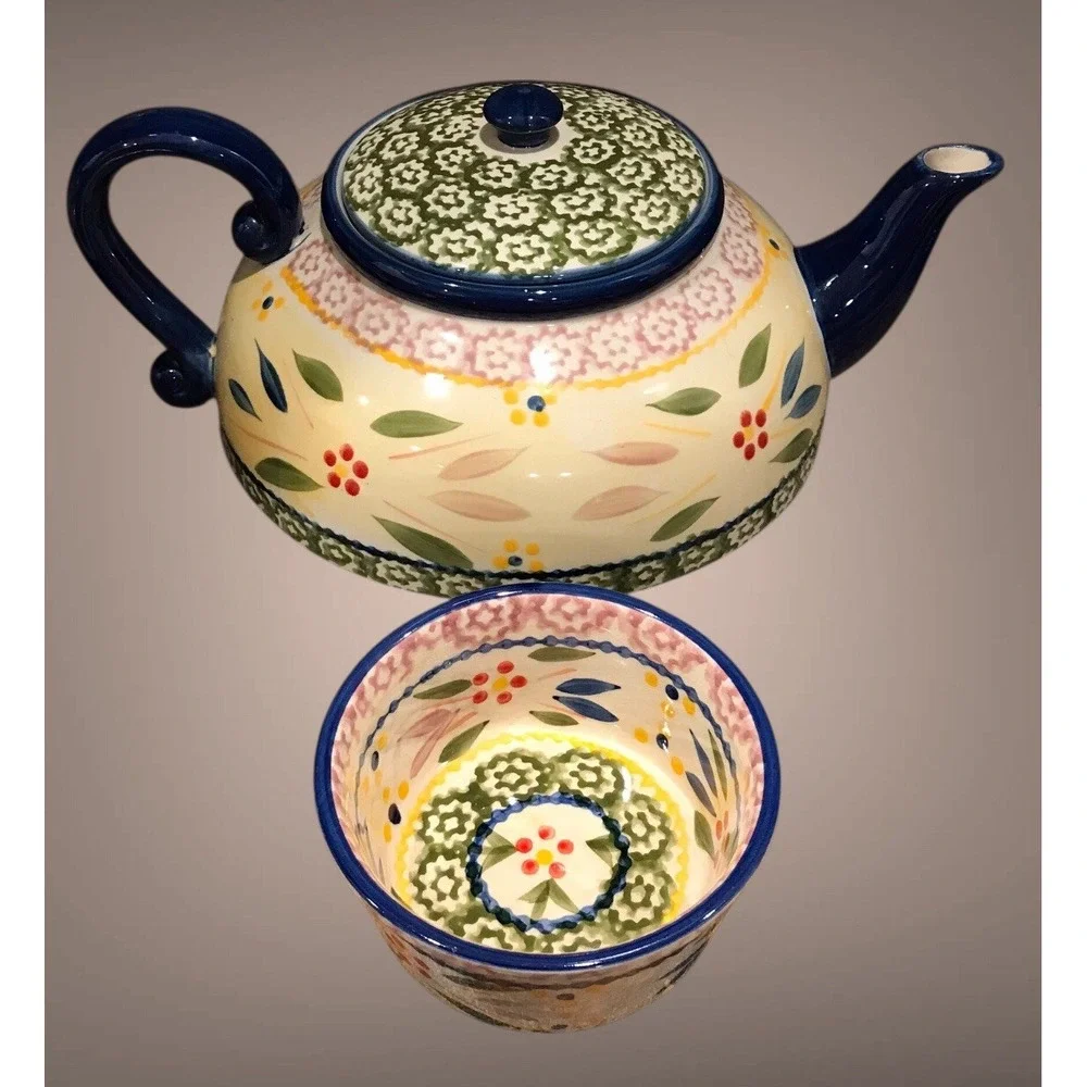 Teapot W/Warmer Stand 6 Cups  & Saucers Set Temptations By Tara Old World‎ Green - Picture 5 of 16